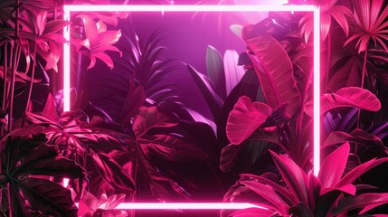A frame of neon lights forming an abstract geometric pattern, with tropical leaves and flowers in the center.