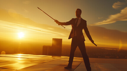 Businessman with Sword at Sunset Rooftop