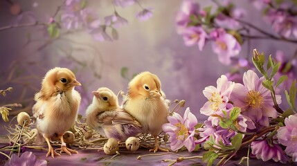 Charming chicks and Hidden goodies on a delicate purple background
