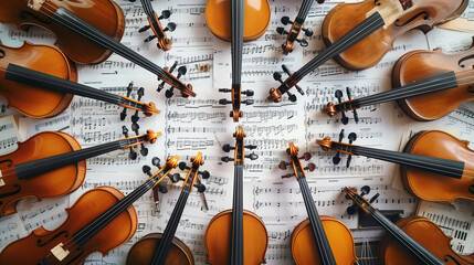 Various musical instruments lie on sheet music of a symphony