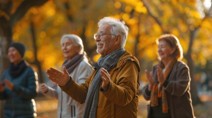 A group of older adults participating in a guided physiotherapy session outdoors in a park, focusing on mobility and balance exercises
