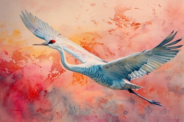 Flight of the Whooping Crane wings spread wide captured in watercolor pastels reflecting the gentle hues of dawn or dusk