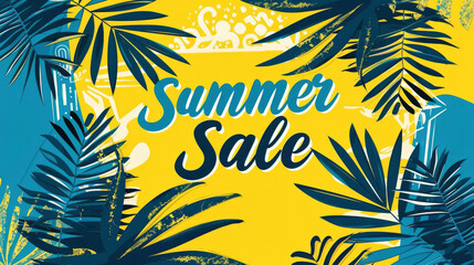 Fototapeta na wymiar summer sale banner template with yellow and blue colour, palm tree silhouette on background, special offer