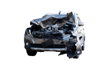 Front and side of new bronze car get damaged by accident on the road. damaged cars after collision. isolated on transparent background, car crash bumper graphic design element, PNG File