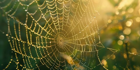 Dew-covered spider web in the early morning light, showcasing the delicate interplay of water droplets, the background is a soft blur of green and gold created with Generative AI Technology