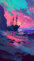 A stranded shipwreck on a deserted shore, dreams dashed against the rocks - obrazy, fototapety, plakaty
