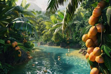 a beautiful view fresh sweat yellow ripe mangoes on trees in a natural environment with a lake in...