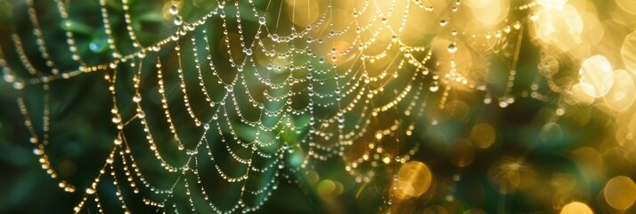 Dew-covered spider web in the early morning light, showcasing the delicate interplay of water droplets, the background is a soft blur of green and gold created with Generative AI Technology - obrazy, fototapety, plakaty