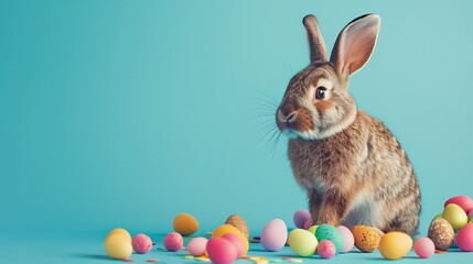 Fototapeta na wymiar charming Easter rabbit with vivid Hidden treats on a monochrome blue background
