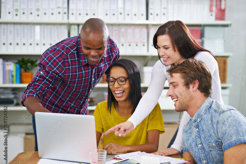 Poster group, business people and laptop with teamwork, cooperation and planning with ideas. staff, men and