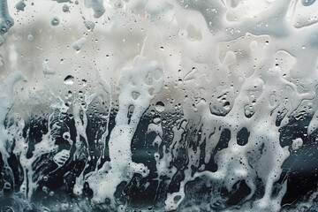 Soapy water streaming down a pane of glass with bubbles and foam. - obrazy, fototapety, plakaty