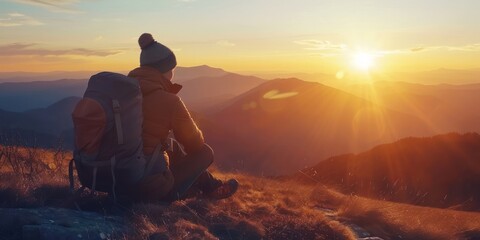 A solo traveler admiring a breathtaking sunset over a mountain range - obrazy, fototapety, plakaty