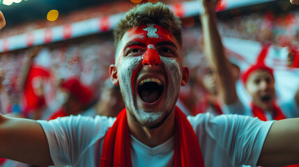 Energetic England fan with face paint cheering at Studium - obrazy, fototapety, plakaty