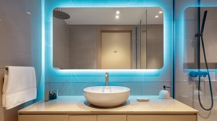 An Elegant Mirror Surmounting the Sink with a View of a Glass Shower Booth in a Brightly Lit Contemporary Bathroom