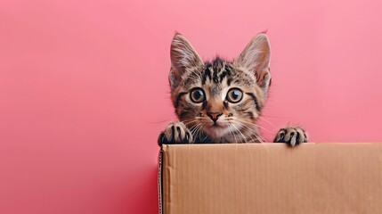 charming feline looking out of a cardboard box pink background - Powered by Adobe