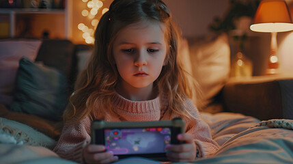 Emotional little girl playing video games on digital frame, generative Ai