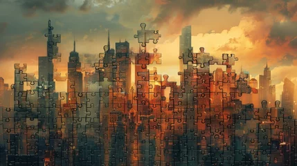 Foto op Canvas Problem: A cityscape where buildings are made of giant puzzle pieces © MAY