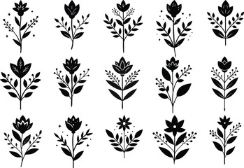 Set of minimal botanical graphic sketch drawing, trendy tiny tattoo design, floral elements vector illustration on white background - obrazy, fototapety, plakaty