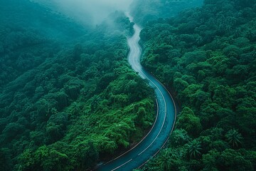 Experience the serenity of a stunning curved road meandering through a verdant green forest during the rainy season, capturing the elegant curve as it winds through lush foliage in a rain-kissed 