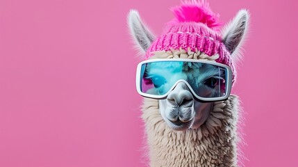 Charming lama alpaca wearing winter sewed cap and straightforward goggles disconnected on the pink background