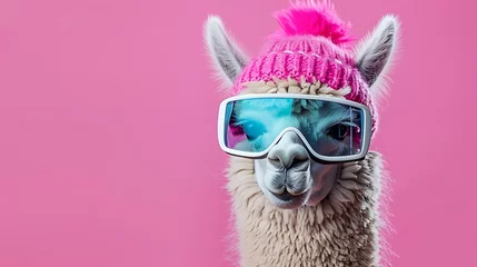 Papier Peint photo Lavable Lama Charming lama alpaca wearing winter sewed cap and straightforward goggles disconnected on the pink background