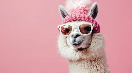 Photo sur Aluminium brossé Lama Charming lama alpaca wearing winter sewed cap and straightforward goggles disconnected on the pink background