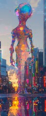 Alien Creature, Exoskeleton, Brightly colored, In a futuristic urban cityscape altered by climate manipulation, Photography, Golden hour, Chromatic Aberration
