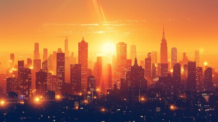 Fototapeta premium Skyline: A city skyline at sunset, with the warm glow of the sun casting a golden light over the buildings