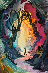 An adventurer navigating the Underdark, a sprawling network of fungal forests and crystal-lit caverns, home to devious creatures and ancient magic. , 2D Paper Cutout Children s Illustration - obrazy, fototapety, plakaty