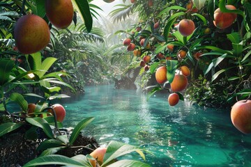 a beautiful view fresh sweat yellow ripe mangoes on trees in a natural environment with a lake in...