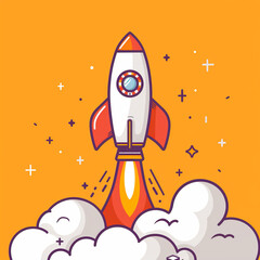 Illustration of a vibrant cartoon rocket launching into space with a playful design, against an orange background.