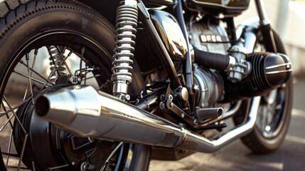 Fototapeta na wymiar Black and Chrome Cafe Racer Motorcycle with Vintage Look and Custom Engine. Shiny Spoke Wheels and Sleek Muffler in Action Shot