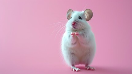 Charming white mouse singing with mouthpiece on pink background - obrazy, fototapety, plakaty