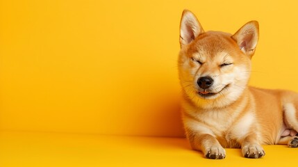 Cheerful canine pup winking an eye and blessing hued yellow backgorund with shut eyes - obrazy, fototapety, plakaty