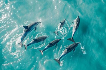 Aerial view of a group of dolphins swimming and playing in the waves of a vibrant turquoise ocean