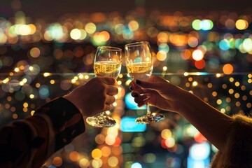 Closeup of hands clinking glasses as two individuals toast with wine in front of a cityscape at a trendy rooftop bar with twinkling city lights
