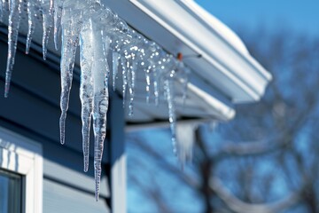 Crystal-clear icicles hanging from the eaves of a roof, displaying intricate details
