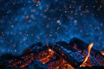 A crackling bonfire in a fire pit under a starry night sky, emanating warmth and ambiance