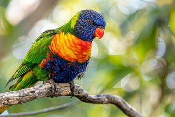 Rainbow lorikeet bird with vibrant plumage perched on a tree branch