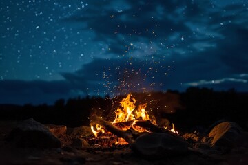 A campfire crackles in the dark field, casting a warm glow under the starry night sky