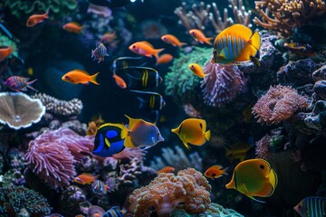 Fototapeta na wymiar A large aquarium filled with lots of colorful fish swimming among vibrant coral reef and other marine creatures