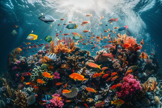 A large group of fish swimming over a vibrant coral reef, showcasing the biodiversity of marine life in the ocean