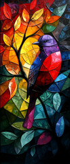 Colorful stained-glass window with a bird on a tree branch. - 769727325