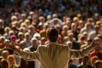 A man standing in front of a large crowd, passionately proclaiming the Gospel message