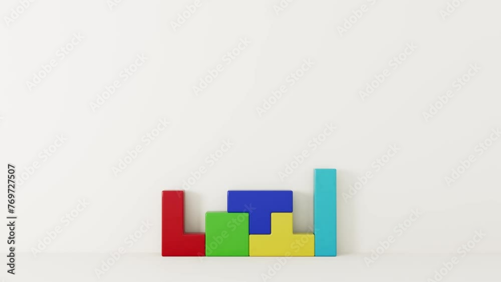 Aufkleber 4k Resolution Video: Creative and Logical Thinking Concept. Different Colorful Shapes Wooden Blocks Fall Down on a white background