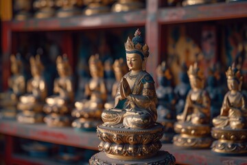 Various Buddha figurines are neatly arranged on a display shelf in a store - obrazy, fototapety, plakaty