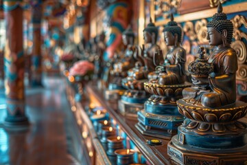 A line of Buddha statues is placed on a wooden shelf
