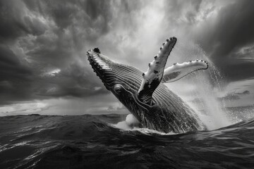 A humpback whale jumps out of the water in a dramatic display, showcasing its impressive size and power - obrazy, fototapety, plakaty