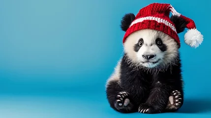 Foto op Plexiglas Christmas panda bear Nick cap on panda on blue background © Emma