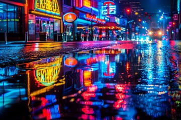 A vibrant city street at night shines with colorful neon lights, casting a bright glow on the wet pavement below